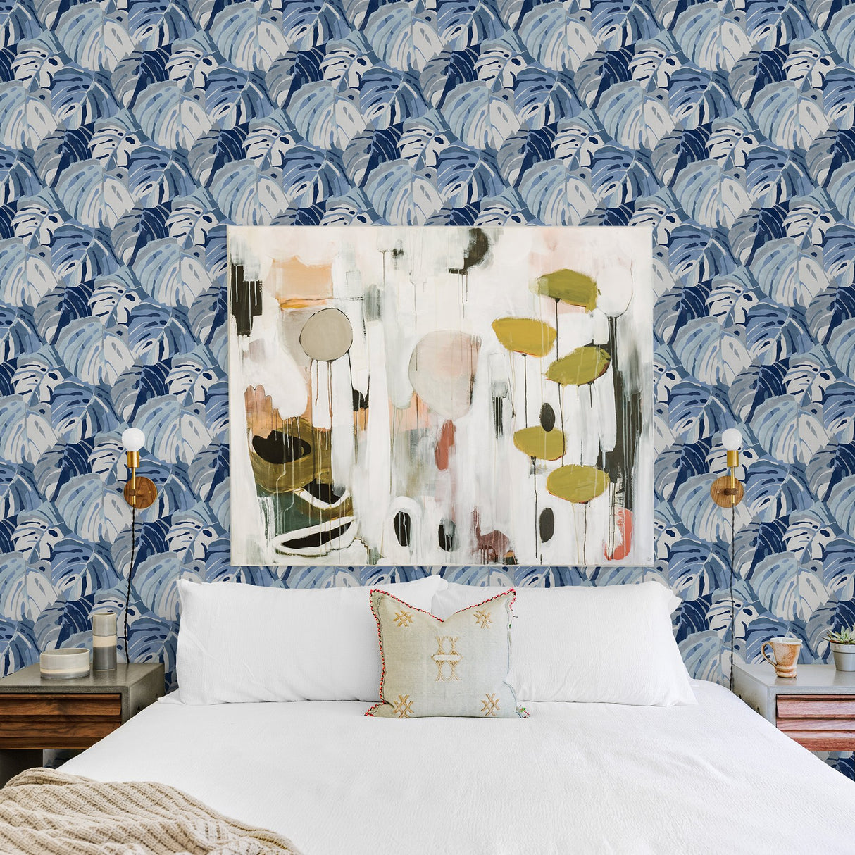 Samara Blue Monstera Leaf Wallpaper with Tropical Botanical Leaves- A-Street Prints 2969-26007
