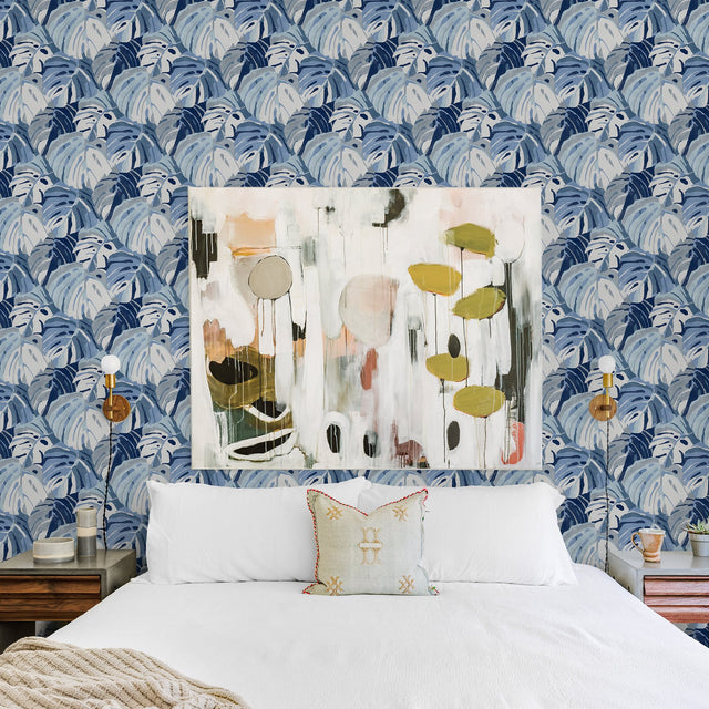 Samara Blue Monstera Leaf Wallpaper with Tropical Botanical Leaves  A-Street Prints 2969-26007