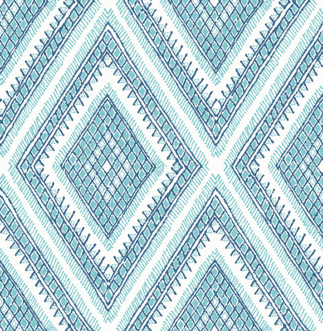 Zaya Blue Tribal Diamonds Wallpaper with Raised Ink Geometric Bohemian Pattern - A-Street Prints 2969-26013