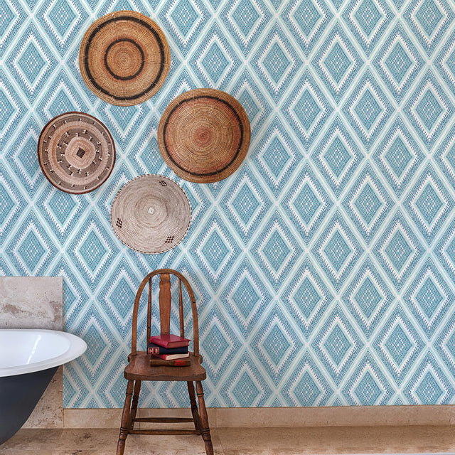 Zaya Blue Tribal Diamonds Wallpaper with Raised Ink Geometric Bohemian Pattern - A-Street Prints 2969-26013