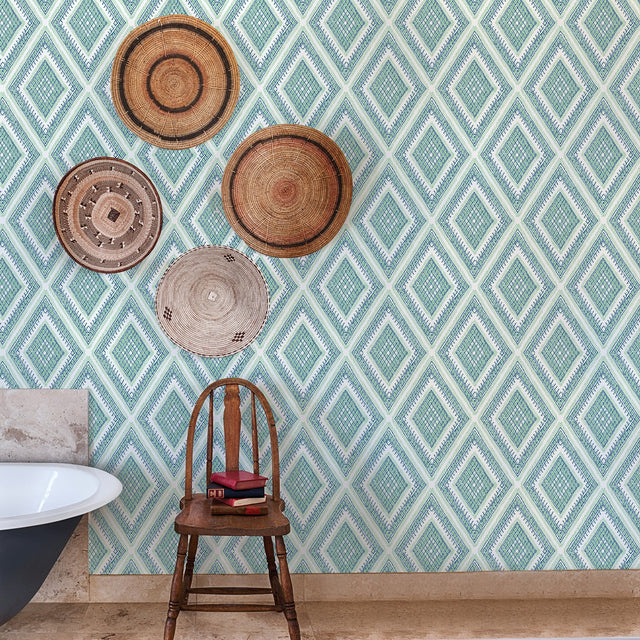 Zaya Green Tribal Diamonds Wallpaper with Bohemian Global Geometric Pattern - A-Street Prints 2969-26016