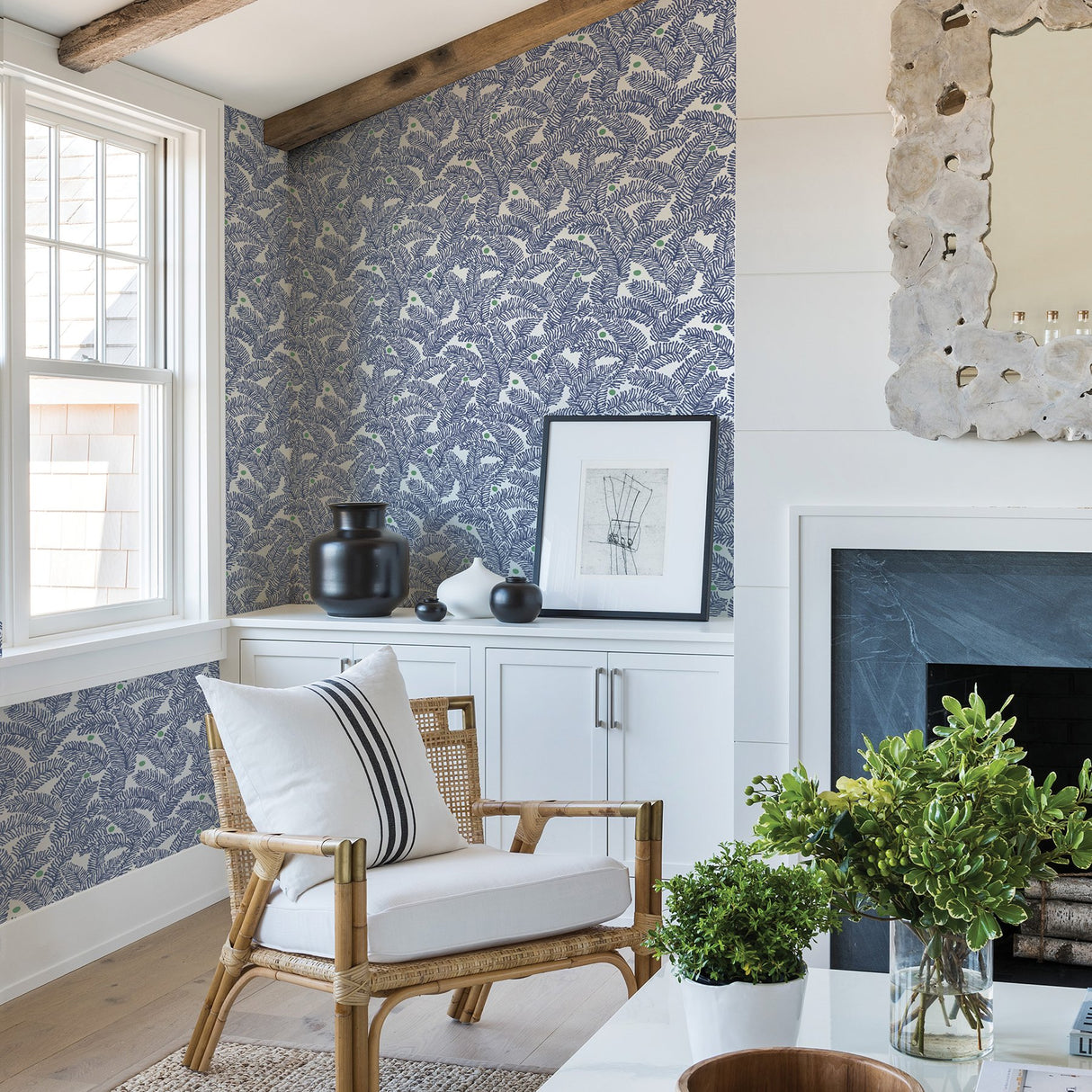 Athina Navy Fern Wallpaper with Botanical Leaves Pattern, Bohemian Style - A-Street Prints 2969-26034