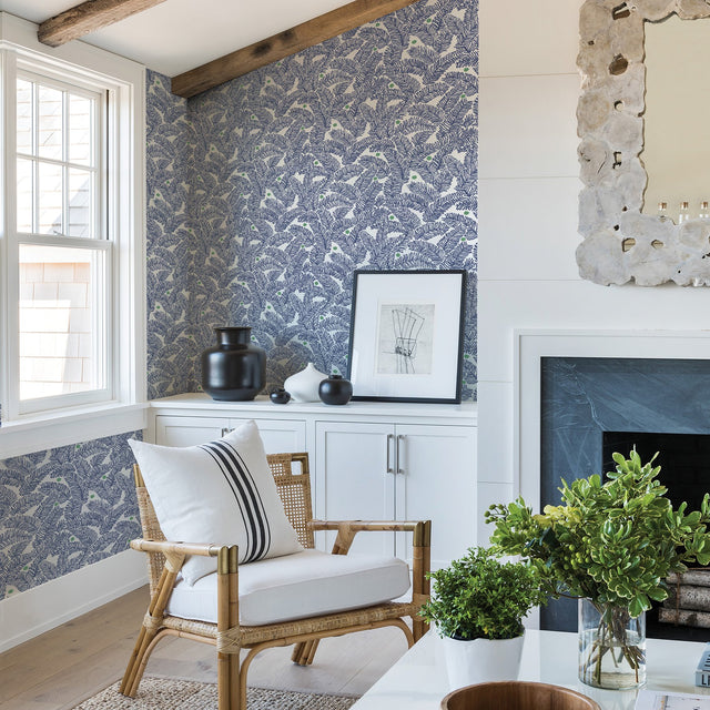 Athina Navy Fern Wallpaper with Botanical Leaves Pattern, Bohemian Style - A-Street Prints 2969-26034