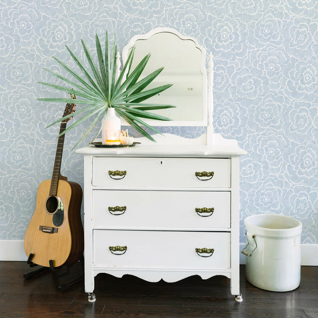 Periwinkle Blue Textured Floral Wallpaper with Raised Ink Botanical Motif, Bohemian Style - A-Street Prints 2969-26039