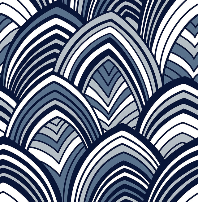 Cabarita Indigo Art Deco Flocked Leaves Wallpaper with Glam Abstract Geometric Pattern - A-Street Prints 2969-87351