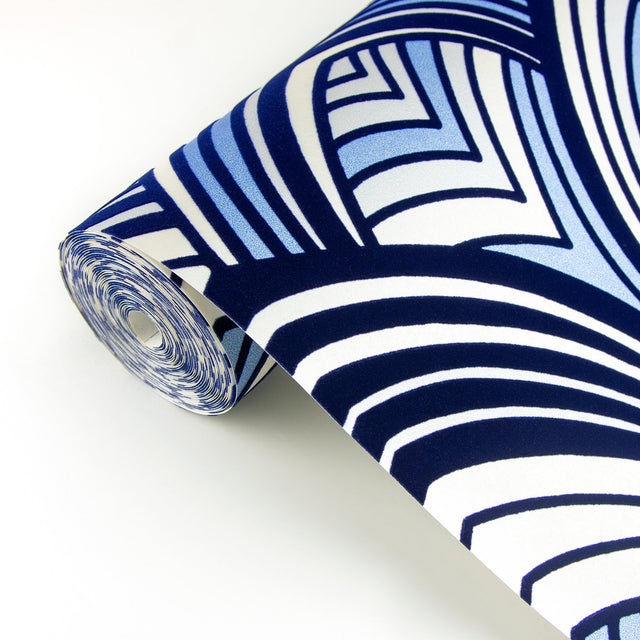 Cabarita Indigo Art Deco Flocked Leaves Wallpaper with Glam Abstract Geometric Pattern - A-Street Prints 2969-87351