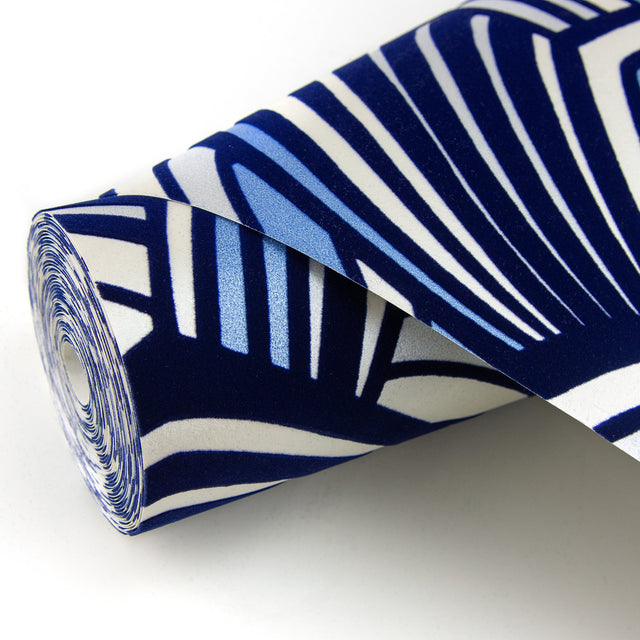 Cabarita Indigo Art Deco Flocked Leaves Wallpaper with Glam Abstract Geometric Pattern - A-Street Prints 2969-87351