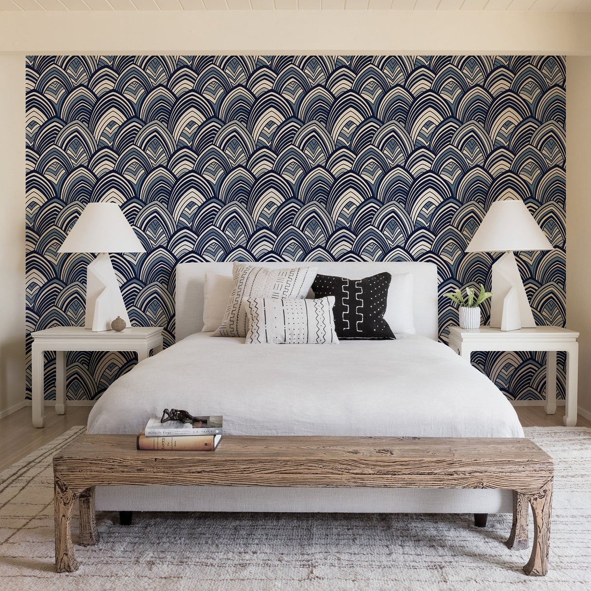 Cabarita Indigo Art Deco Flocked Leaves Wallpaper with Glam Abstract Geometric Pattern - A-Street Prints 2969-87351