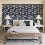 Cabarita Indigo Art Deco Flocked Leaves Wallpaper with Glam Abstract Geometric Pattern - A-Street Prints 2969-87351