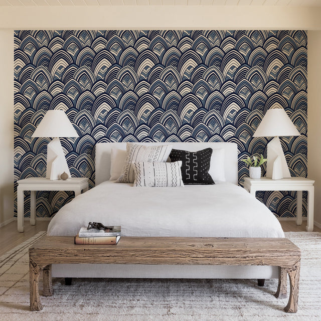 Cabarita Indigo Art Deco Flocked Leaves Wallpaper with Glam Abstract Geometric Pattern - A-Street Prints 2969-87351