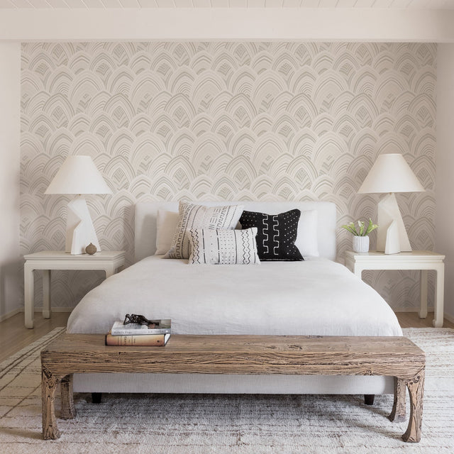 Cabarita White Art Deco Flocked Leaves Wallpaper with Glam Abstract Geometric Pattern - A-Street Prints 2969-87352