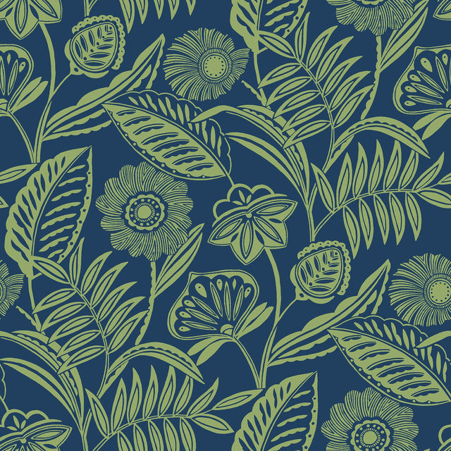 Alma Blue Tropical Floral Wallpaper with Botanical Flowers Motif, Tropical Style - A-Street Prints 2969-87527