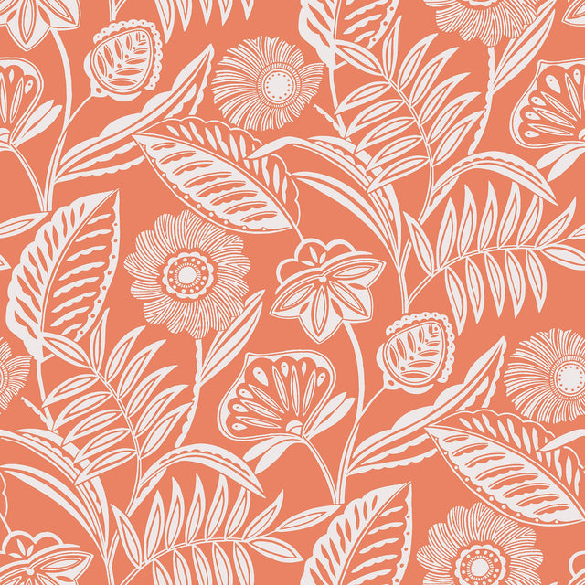 Alma Coral Tropical Floral Wallpaper with White Botanical Flower Motif - A?Street Prints 2969-87528