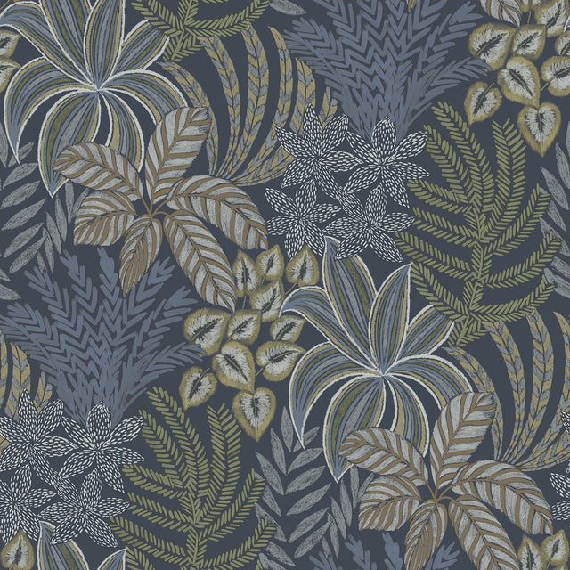 Sumner Navy Woodland Botanical Wallpaper with Bohemian Non Woven Pattern - A-Street Prints 2970-13904