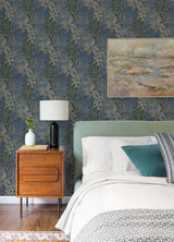 Sumner Navy Woodland Botanical Wallpaper with Bohemian Non Woven Pattern - A-Street Prints 2970-13904