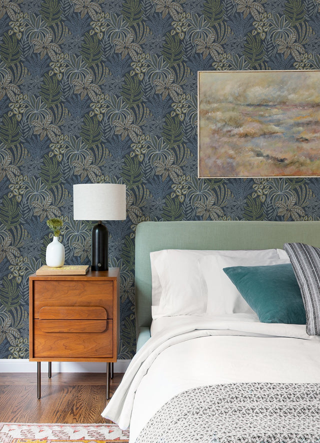 Sumner Navy Woodland Botanical Wallpaper with Bohemian Non Woven Pattern - A-Street Prints 2970-13904