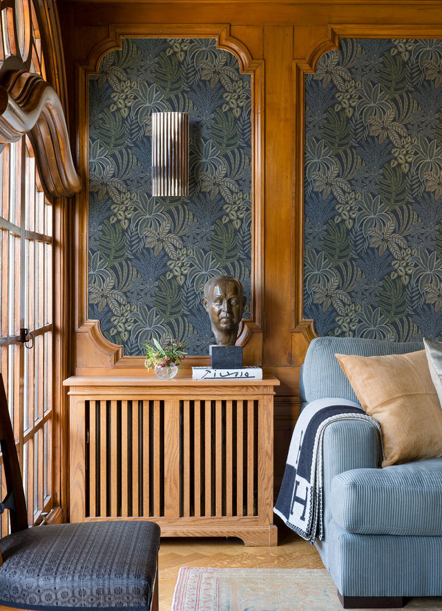 Sumner Navy Woodland Botanical Wallpaper with Bohemian Non Woven Pattern - A-Street Prints 2970-13904