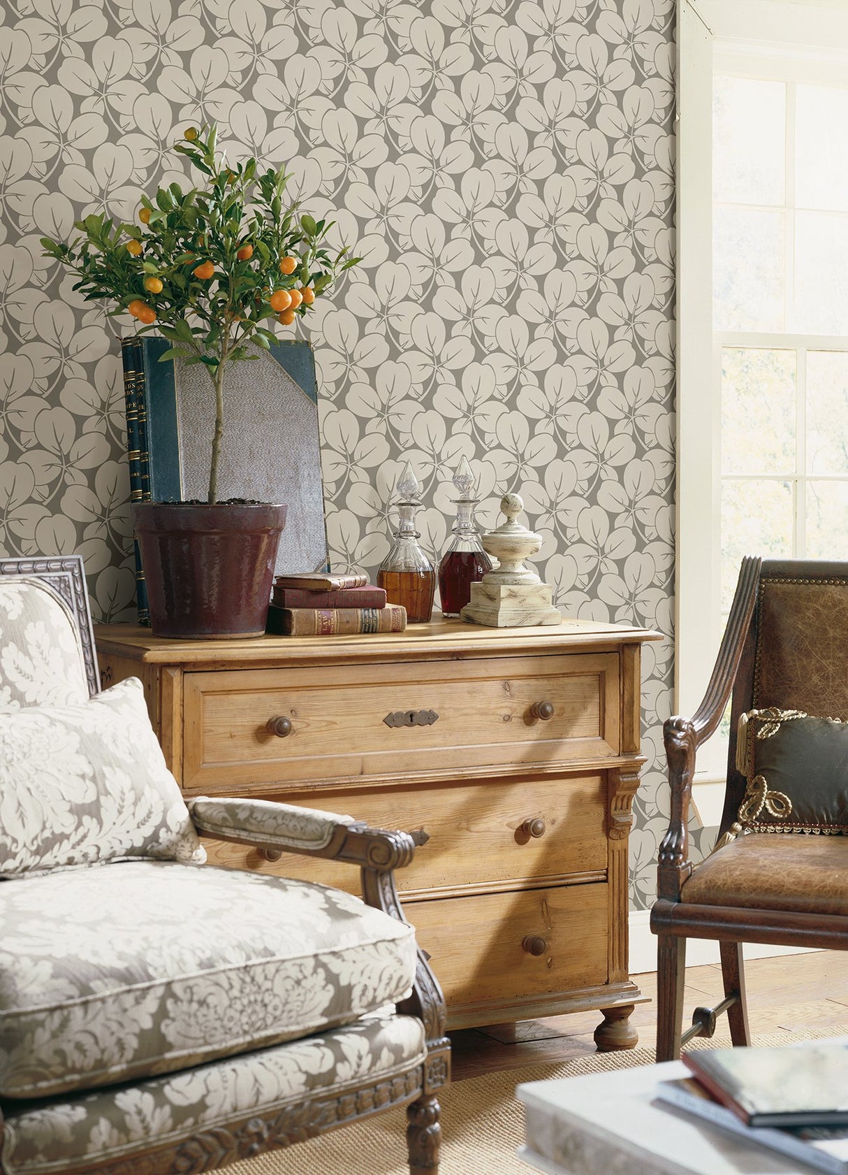 Robert Grey Clover Wallpaper with Metallic Botanical Clover Motif - A-Street Prints 2970-26106