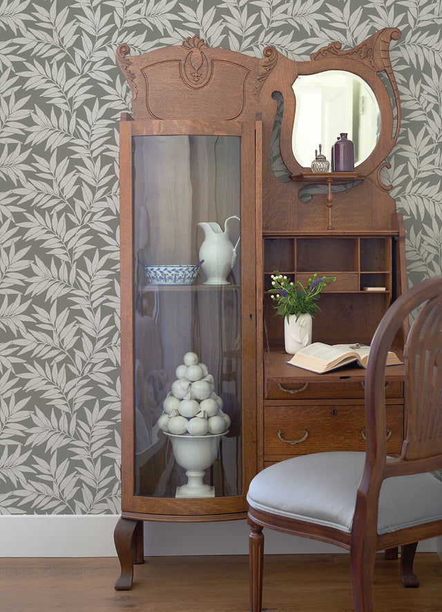 Morris Dark Grey Leaf Wallpaper with Raised Ink Botanical Farmhouse Style - 2970-26123