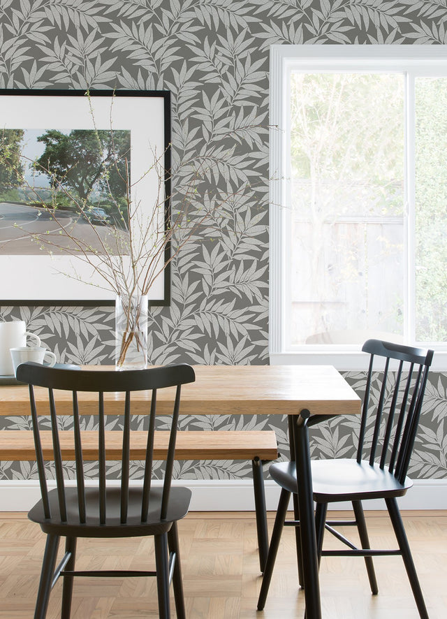Morris Dark Grey Leaf Wallpaper with Raised Ink Botanical Farmhouse Style - 2970-26123