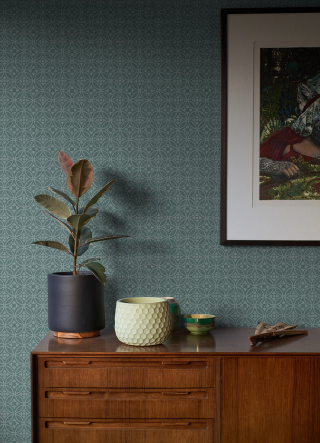 Larsson Teal Ogee Wallpaper with Geometric Floral Motif, Raised Ink Texture - A-Street Prints 2970-26133