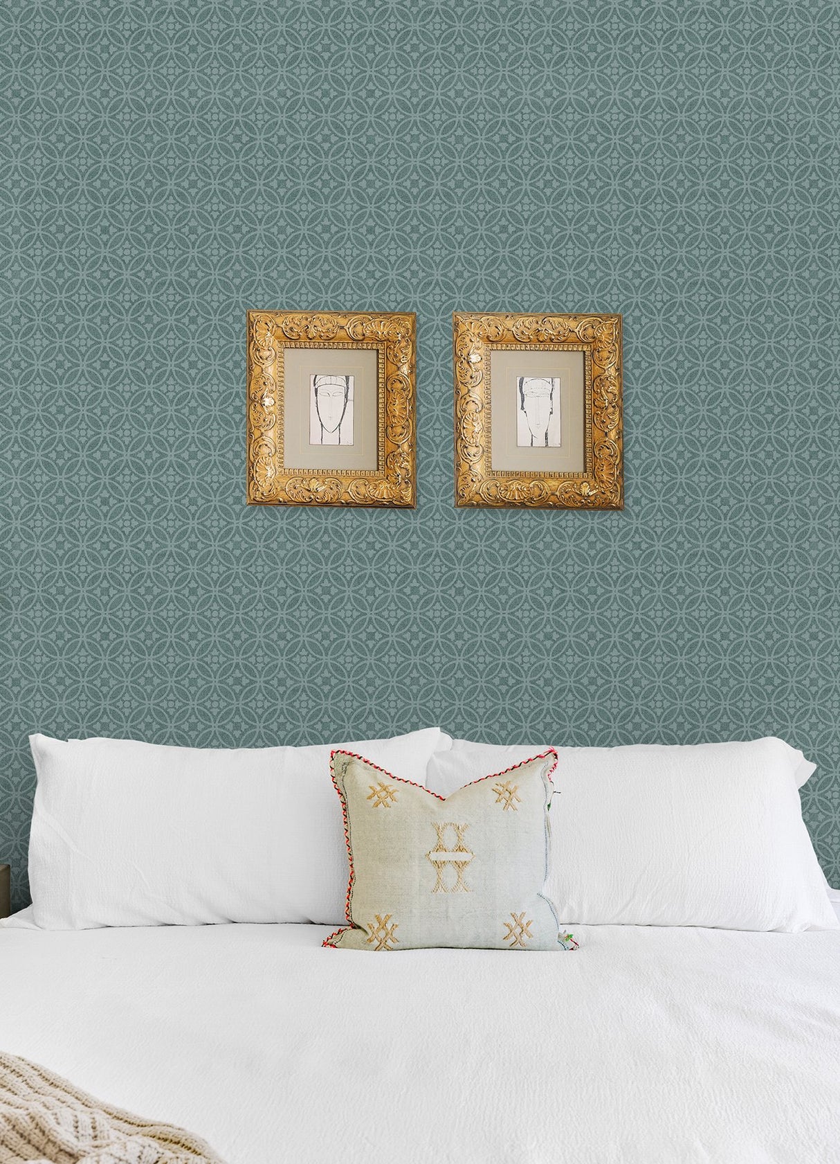 Larsson Teal Ogee Wallpaper with Geometric Floral Motif, Raised Ink Texture - A-Street Prints 2970-26133