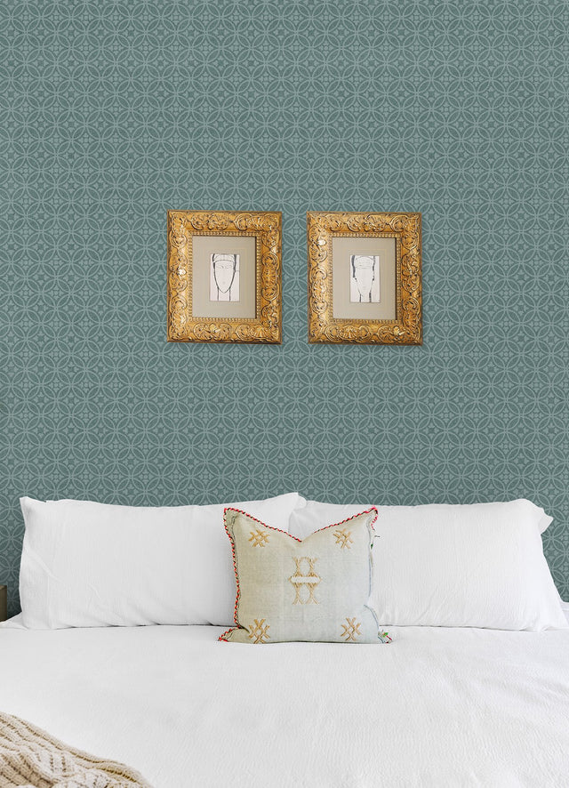 Larsson Teal Ogee Wallpaper with Geometric Floral Motif, Raised Ink Texture - A-Street Prints 2970-26133