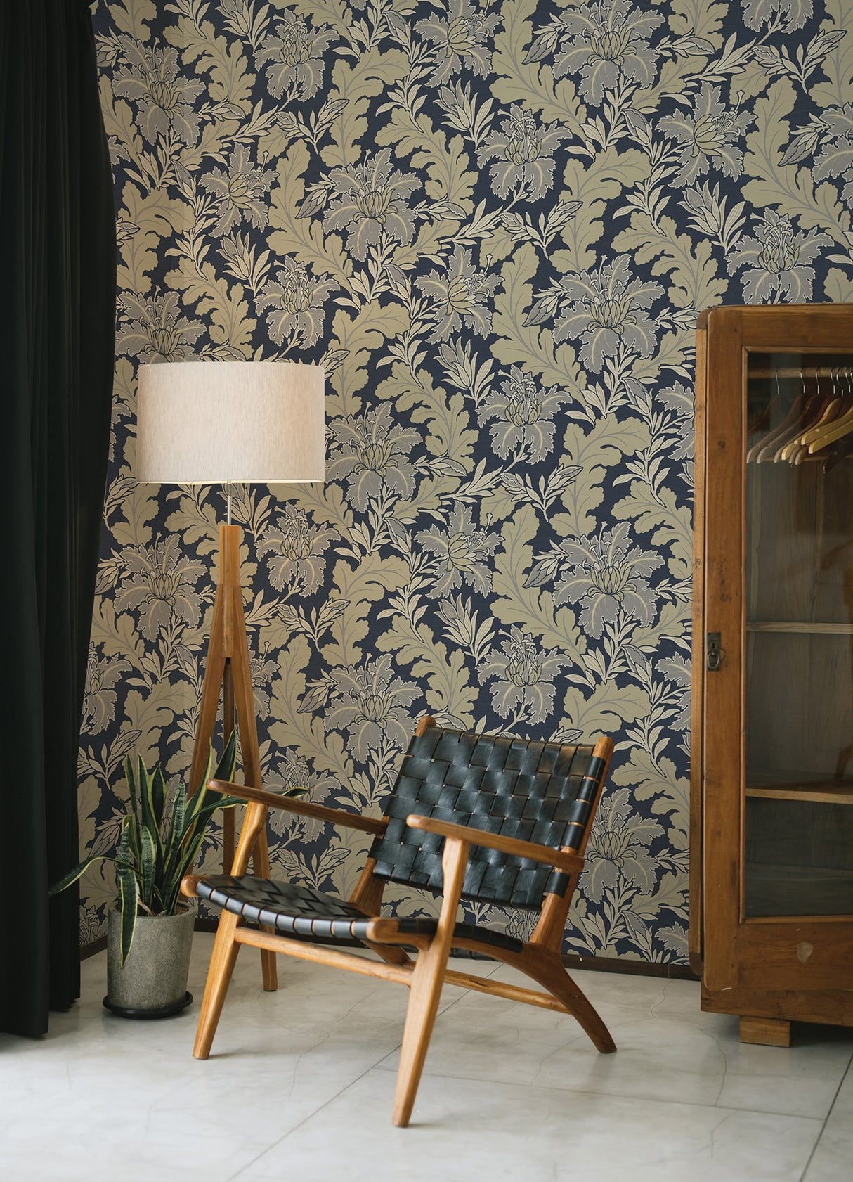 Butterfield Navy Floral Wallpaper with Botanical Feature Wall Motif - A-Street Prints 2970-26141