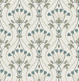 Dard Teal Tulip Ogee Wallpaper with Retro Botanical Flowers - A?Street Prints 2970-26145