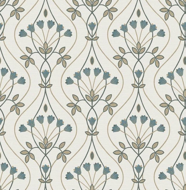 Dard Teal Tulip Ogee Wallpaper with Retro Botanical Flowers - A?Street Prints 2970-26145