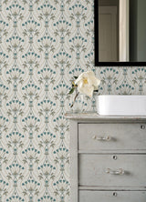 Dard Teal Tulip Ogee Wallpaper with Retro Botanical Flowers - A?Street Prints 2970-26145