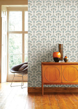 Dard Teal Tulip Ogee Wallpaper with Retro Botanical Flowers - A?Street Prints 2970-26145
