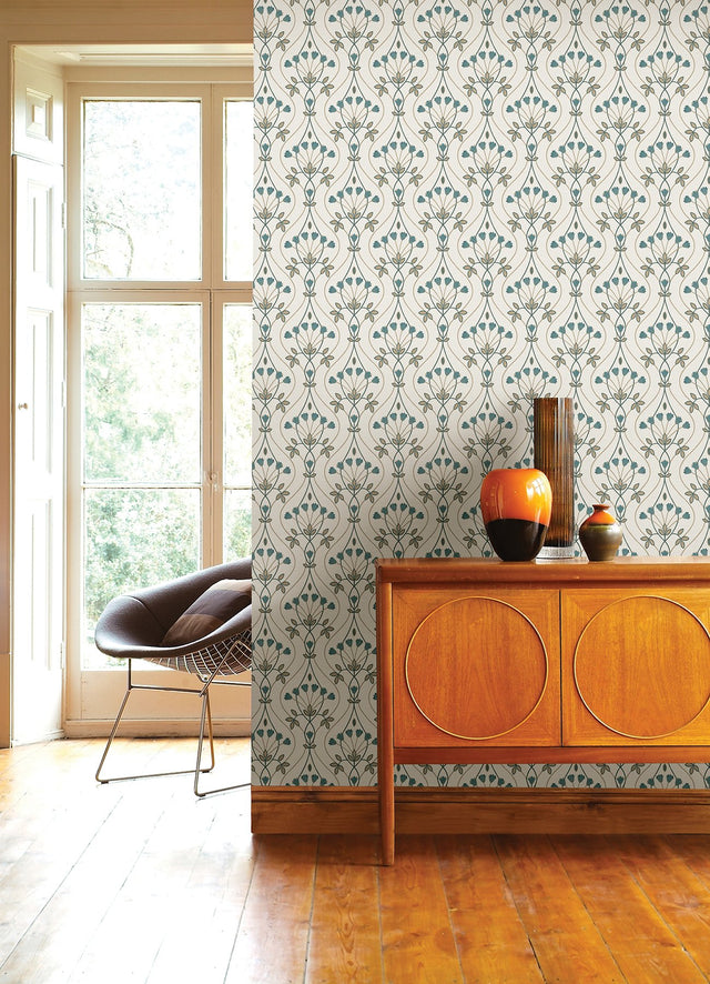 Dard Teal Tulip Ogee Wallpaper with Retro Botanical Flowers - A?Street Prints 2970-26145