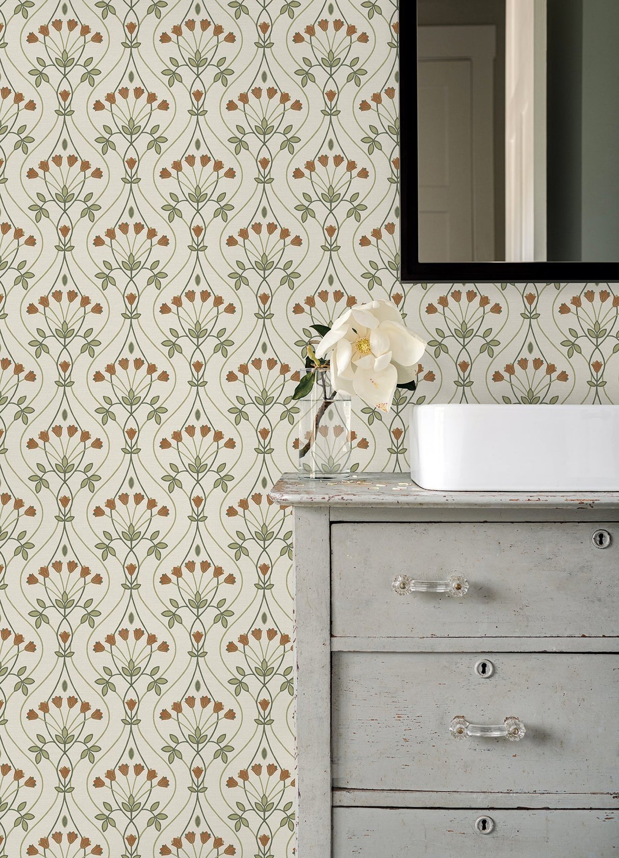 Dard Green Tulip Ogee Wallpaper with Retro Botanical Flower Ogee - A-Street Prints 2970-26146