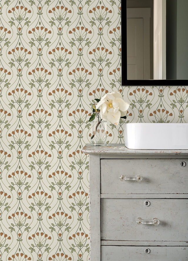 Dard Green Tulip Ogee Wallpaper with Retro Botanical Flower Ogee - A-Street Prints 2970-26146