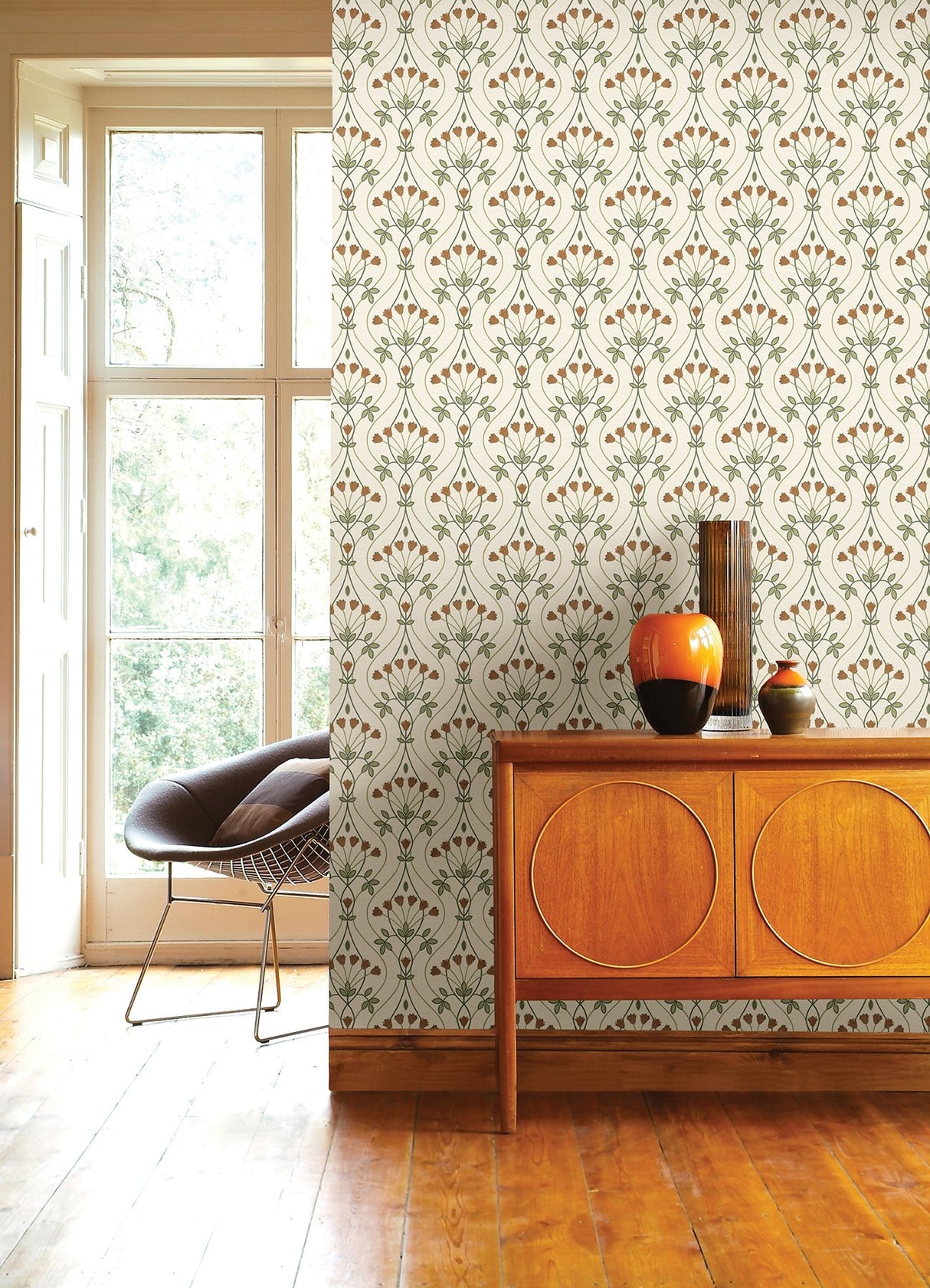 Dard Green Tulip Ogee Wallpaper with Retro Botanical Flower Ogee - A-Street Prints 2970-26146