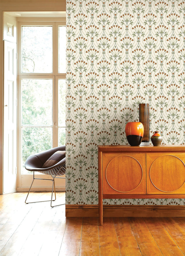 Dard Green Tulip Ogee Wallpaper with Retro Botanical Flower Ogee - A-Street Prints 2970-26146