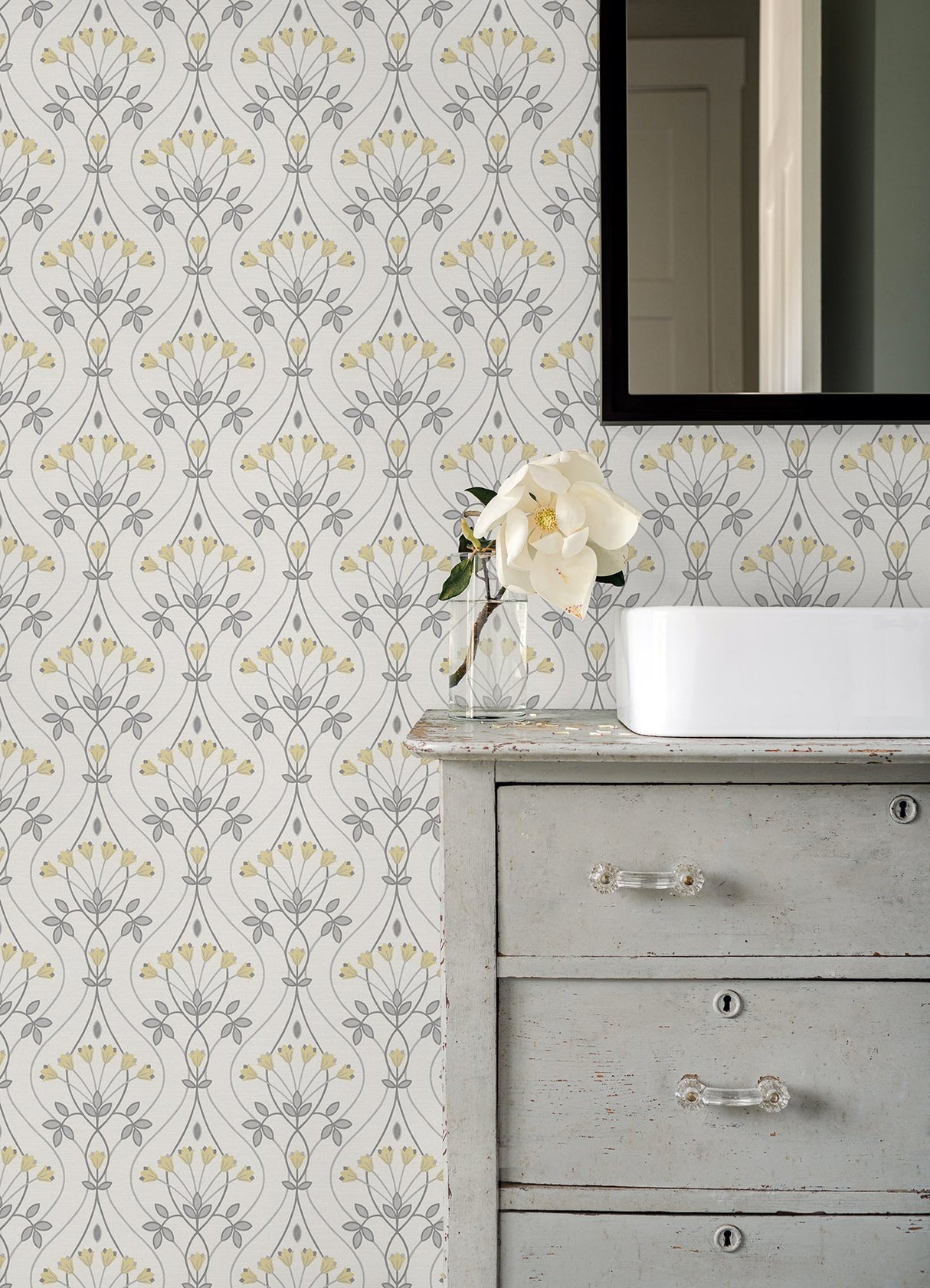 Dard Grey Tulip Ogee Wallpaper with Retro Botanical Floral Pattern - A-Street Prints 2970-26147