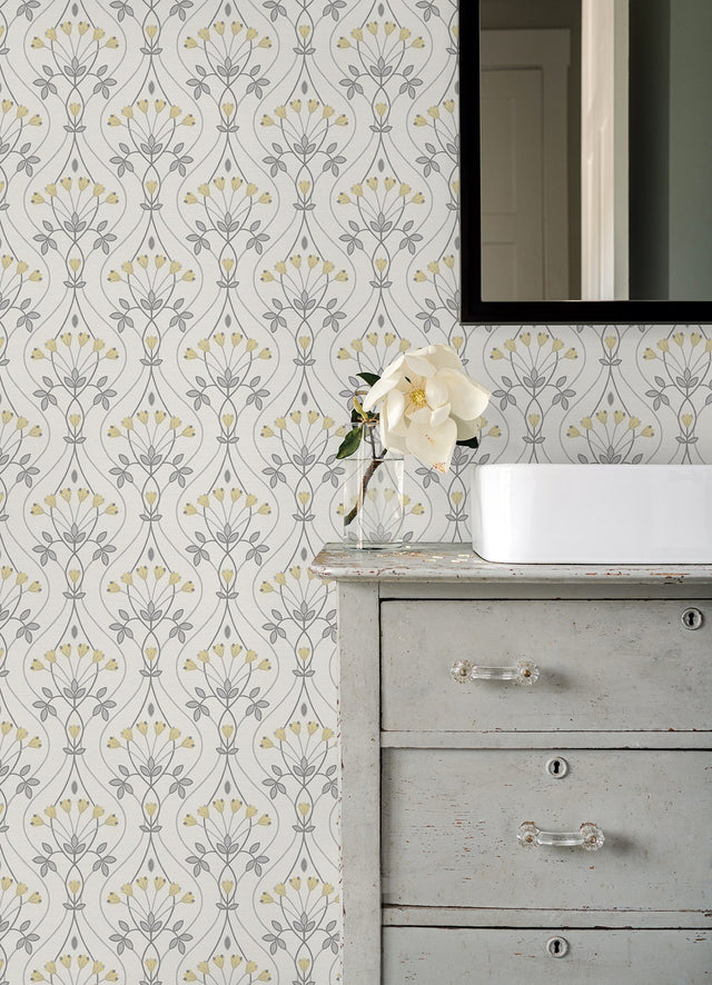 Dard Grey Tulip Ogee Wallpaper with Retro Botanical Floral Pattern - A-Street Prints 2970-26147