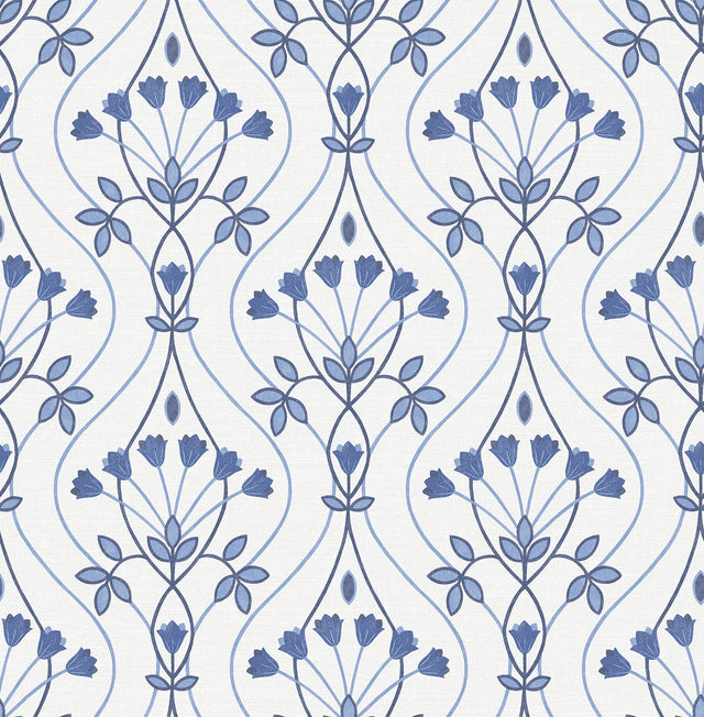 Dard Blue Tulip Ogee Wallpaper with Botanical Floral Ogee Pattern - A-Street Prints 2970-26148