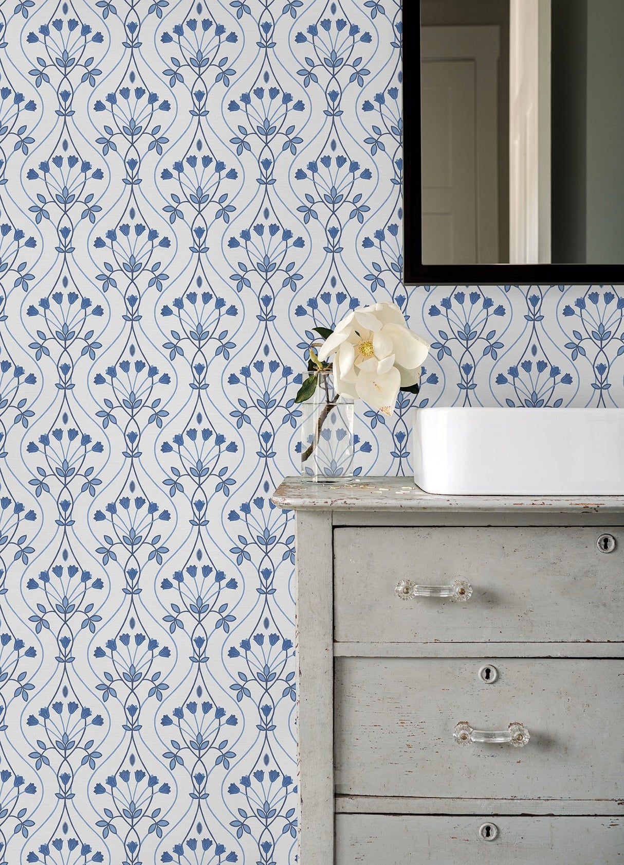 Dard Blue Tulip Ogee Wallpaper with Botanical Floral Ogee Pattern - A-Street Prints 2970-26148