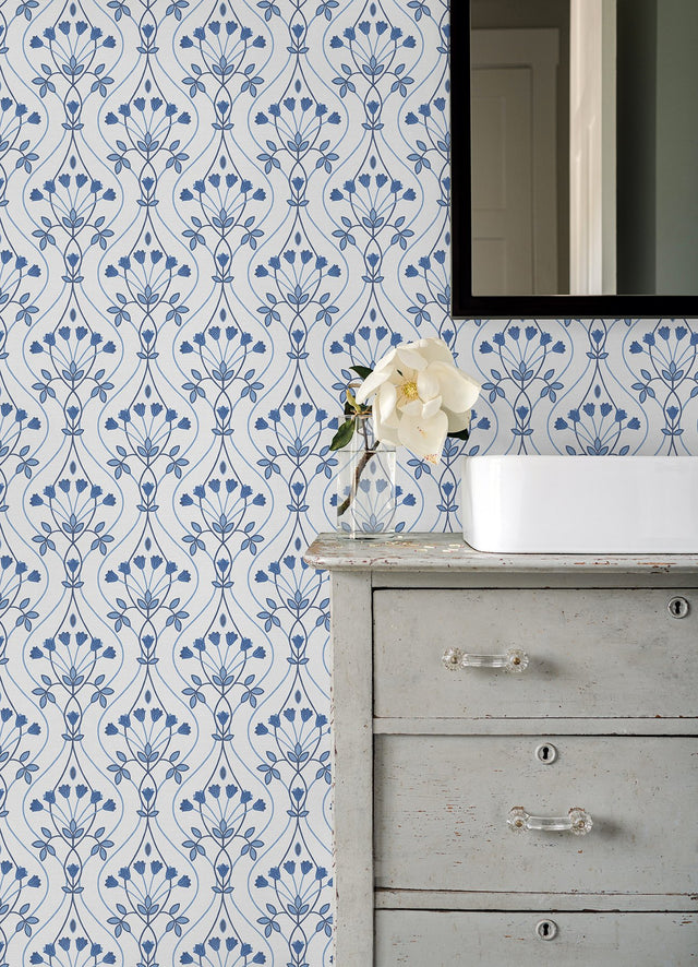 Dard Blue Tulip Ogee Wallpaper with Botanical Floral Ogee Pattern - A-Street Prints 2970-26148