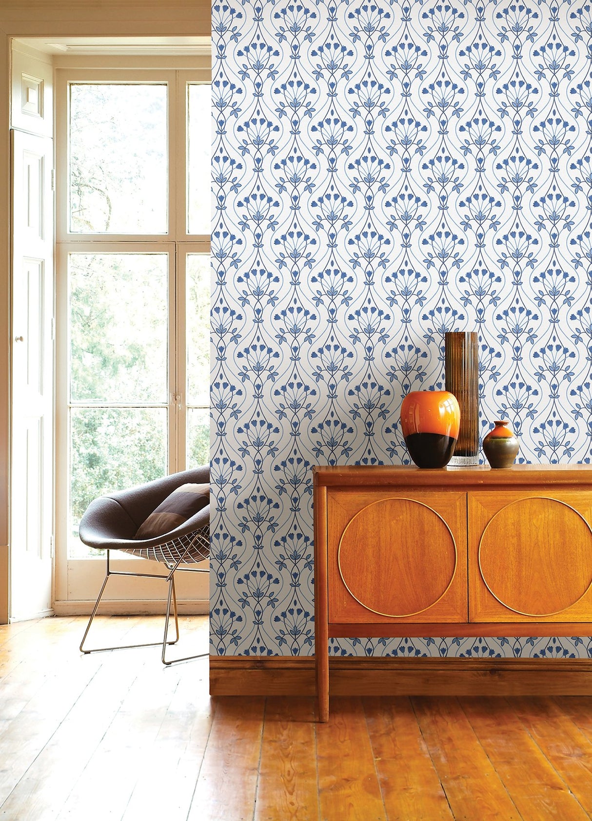 Dard Blue Tulip Ogee Wallpaper with Botanical Floral Ogee Pattern - A-Street Prints 2970-26148