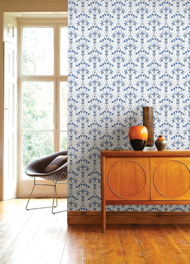 Dard Blue Tulip Ogee Wallpaper with Botanical Floral Ogee Pattern - A-Street Prints 2970-26148