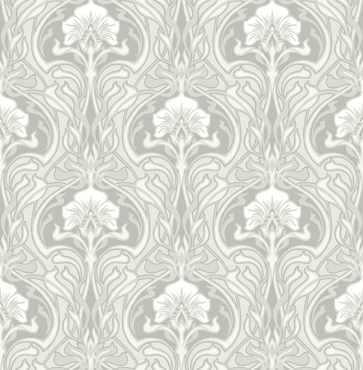 Mucha Off White Botanical Ogee Wallpaper with Metallic Art Nouveau Floral Pattern - A-Street Prints 2970-26149