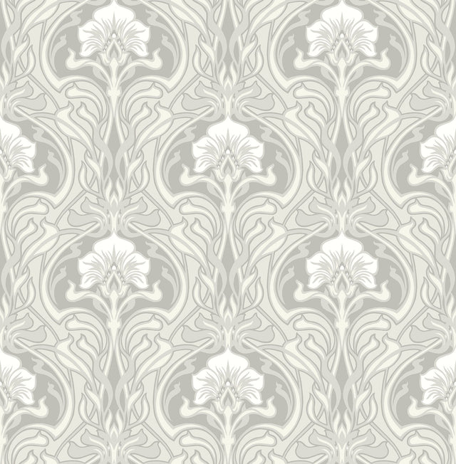 Mucha Off White Botanical Ogee Wallpaper with Metallic Art Nouveau Floral Pattern - A-Street Prints 2970-26149