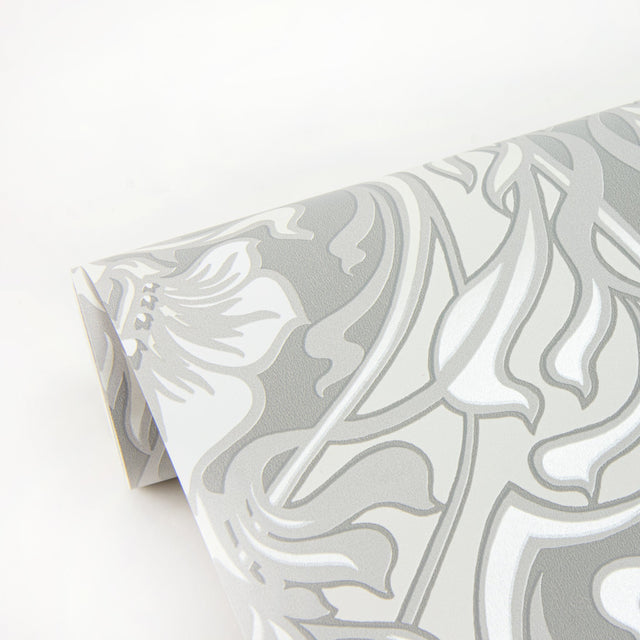 Mucha Off White Botanical Ogee Wallpaper with Metallic Art Nouveau Floral Pattern - A-Street Prints 2970-26149