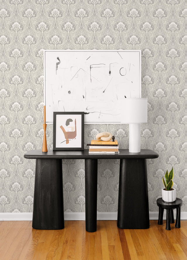 Mucha Off White Botanical Ogee Wallpaper with Metallic Art Nouveau Floral Pattern - A-Street Prints 2970-26149