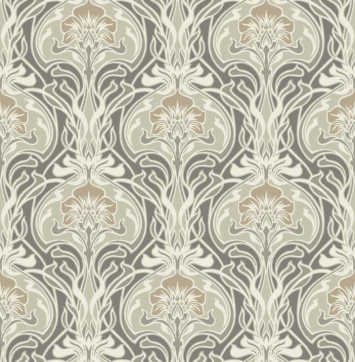 Mucha Dark Grey Botanical Ogee Wallpaper with Metallic Art Nouveau Floral - A-Street Prints 2970-26150