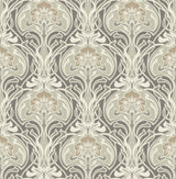 Mucha Dark Grey Botanical Ogee Wallpaper with Metallic Art Nouveau Floral - A-Street Prints 2970-26150